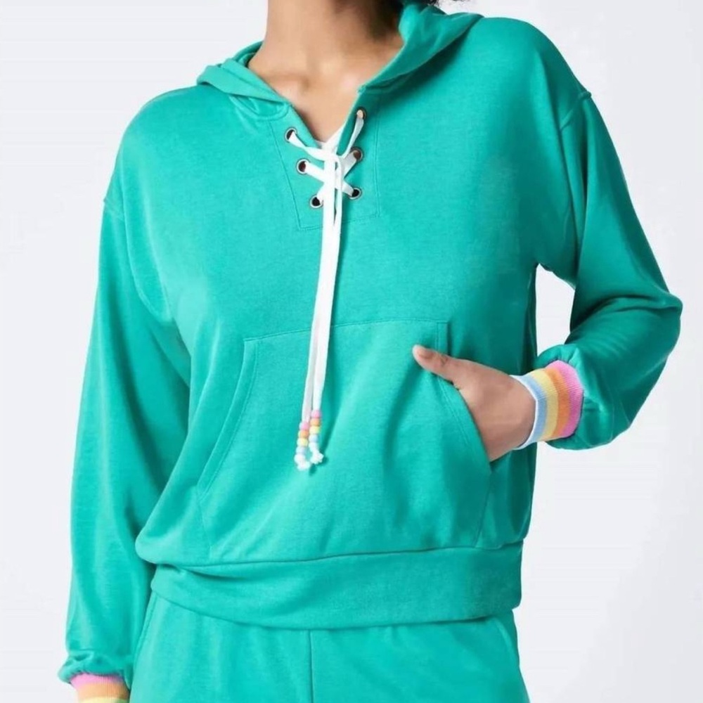 PJ Salvage Sea Green Lace-Up Hoodie with Rainbow Cuffs